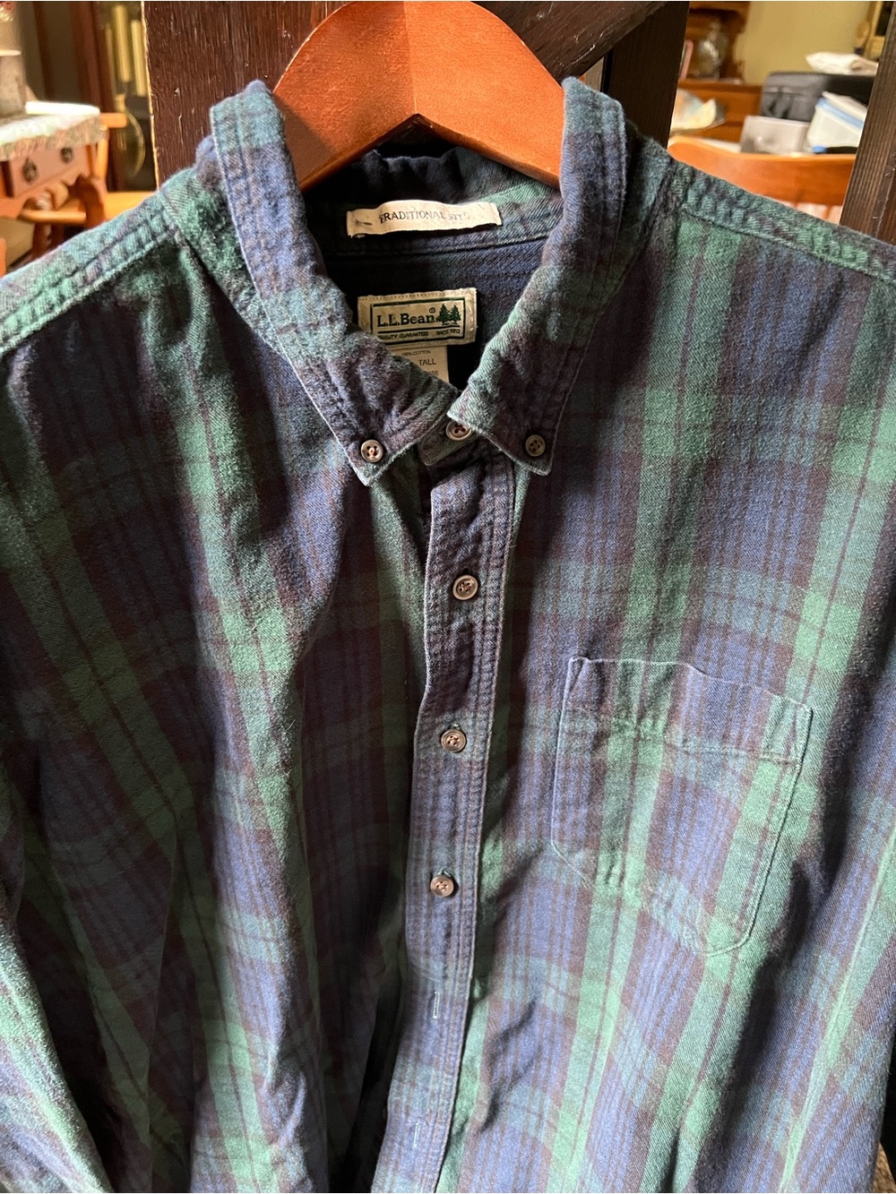 L.L. Bean Green and Navy Plaid Button-Down Flannel Shirt